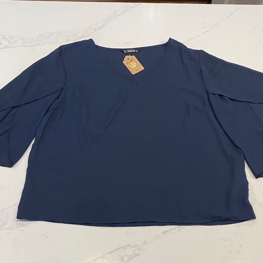 SHEIN Women's Navy V-Neck Blouse with flutter sleeves Large NWT